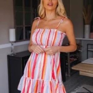 Knot Shoulder Shirred Detail Striped Colorblock Dress